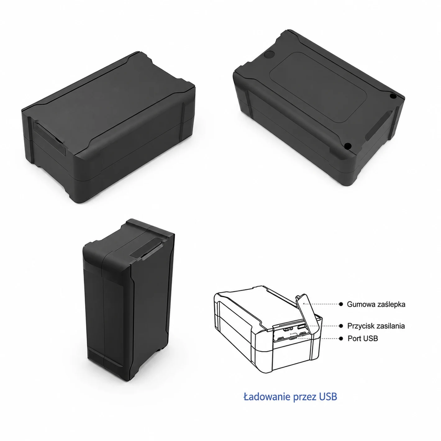 Widok techniczny lokalizatora StealthTrack — zbliżenie na obudowę i mocowanie magnetyczne